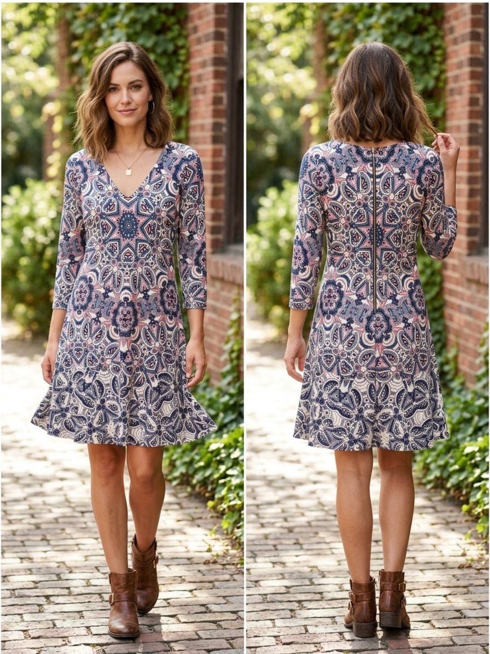 Eliza J Navy and Blush Paisley V-Neck Career Office PreppyA-Line Dress SZ 10